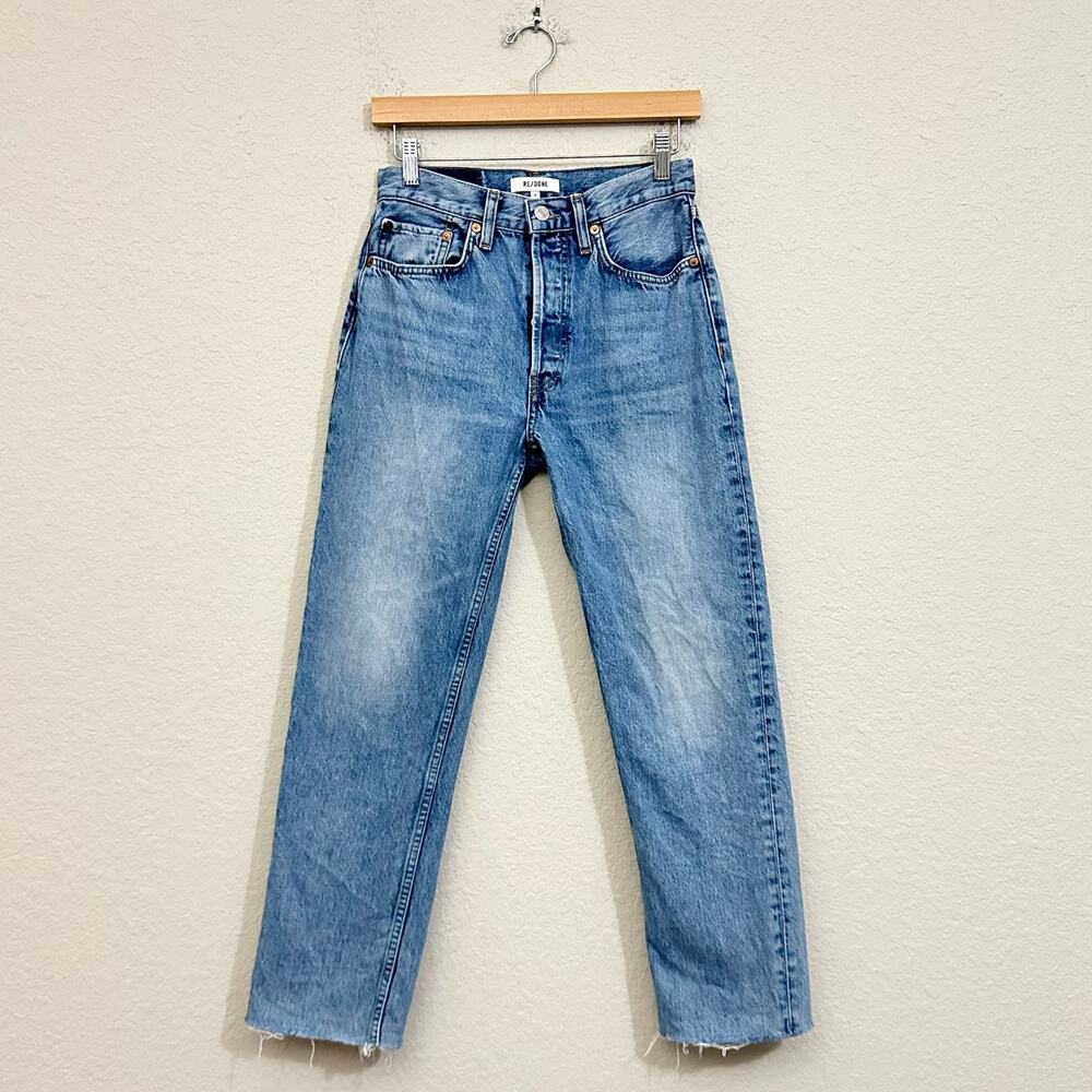 RE/DONE 70s Stove Pipe Jeans Blue Denim Cropped Frayed Straight Leg